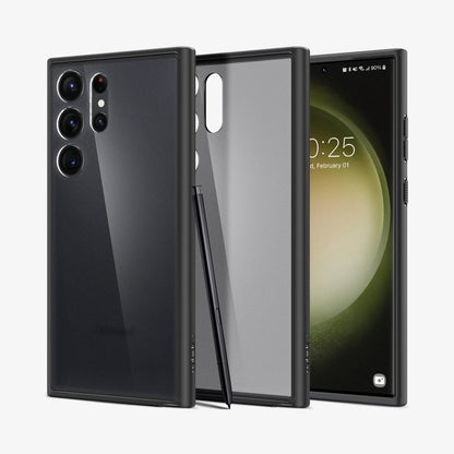 ACS05619 - Galaxy S23 Ultra Case Ultra Hybrid in frost black showing the back, inside and front with s pen leaning against device
