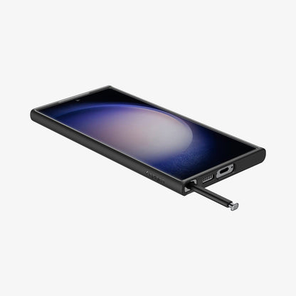 ACS05619 - Galaxy S23 Ultra Case Ultra Hybrid in frost black showing the front, side and bottom with s pen sticking out of slot