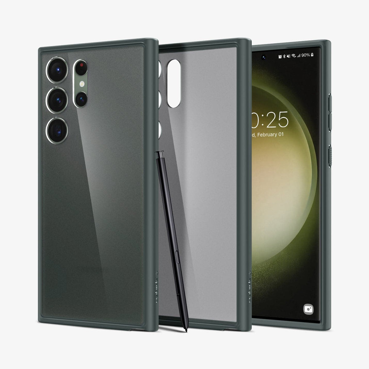 ACS06080 - Galaxy S23 Ultra Case Ultra Hybrid in frost green showing the back, inside and front with s pen leaning against device