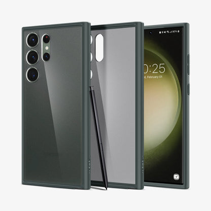 ACS06080 - Galaxy S23 Ultra Case Ultra Hybrid in frost green showing the back, inside and front with s pen leaning against device