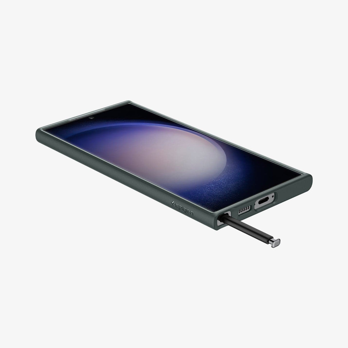 ACS06080 - Galaxy S23 Ultra Case Ultra Hybrid in frost green showing the front, side and bottom with s pen sticking out of slot