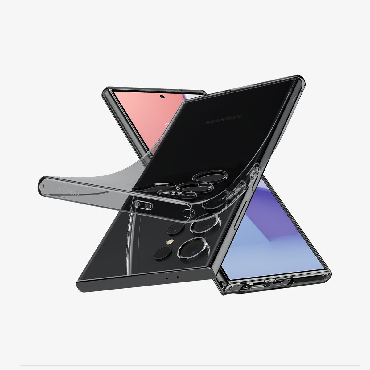 ACS07284 - Galaxy S24 Ultra Case Liquid Crystal in Space Crystal showing the back, partial sides with case partially peeled off from device, behind, a device showing partial front