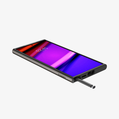 ACS07305 - Galaxy S24 Ultra Case Neo Hybrid in Gunmetal showing the front of device, on a flat surface with stylus pen sticking out