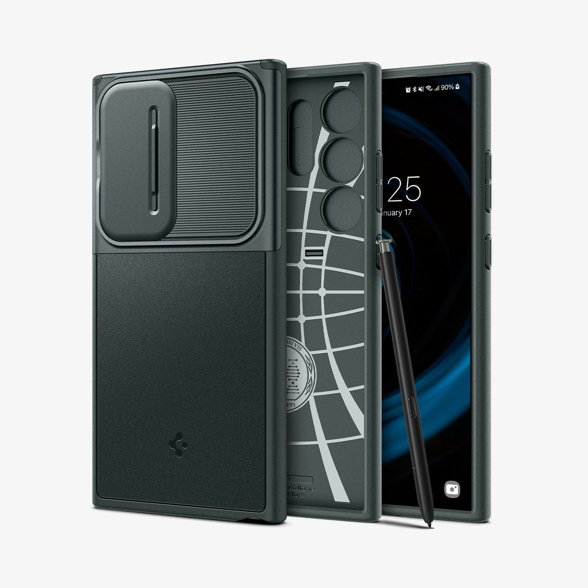 ACS07314 - Galaxy S24 Ultra Case Optik Armor in Abyss Green showing the back paralleled with inner case in the middle with stylus pen leaning on the side and a device facing front