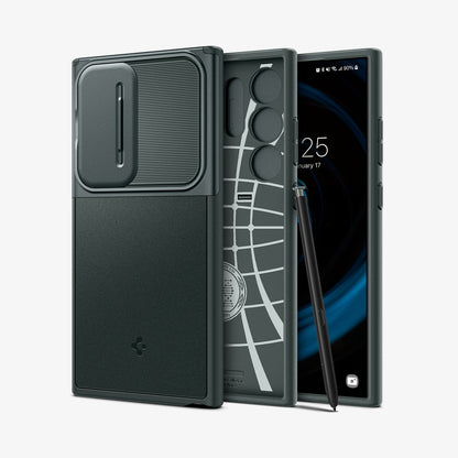 ACS07314 - Galaxy S24 Ultra Case Optik Armor in Abyss Green showing the back paralleled with inner case in the middle with stylus pen leaning on the side and a device facing front