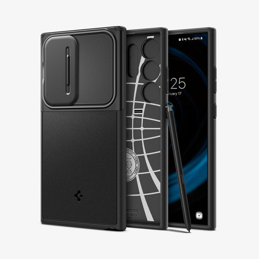 ACS07313 - Galaxy S24 Ultra Case Optik Armor in Black showing the back paralleled with an inner case in the middle with stylus pen leaning on the side of a device and another facing front