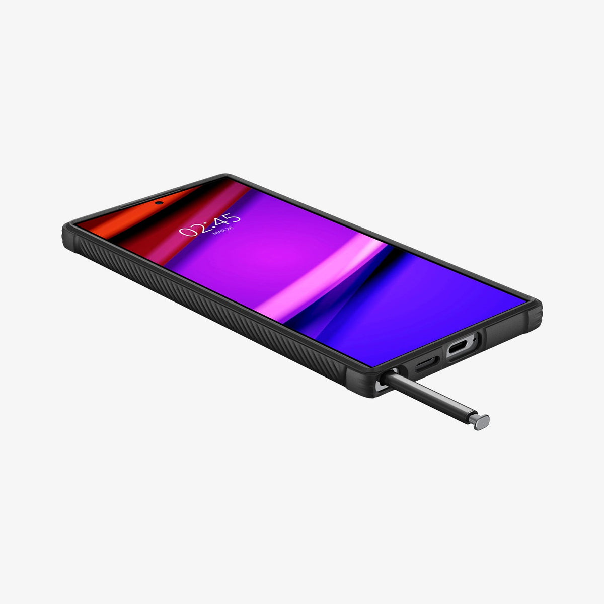 ACS07286 - Galaxy S24 Ultra Case Rugged Armor in Matte Black showing the front, partial side and bottom with stylus pen sticking out from a device on a flat surface