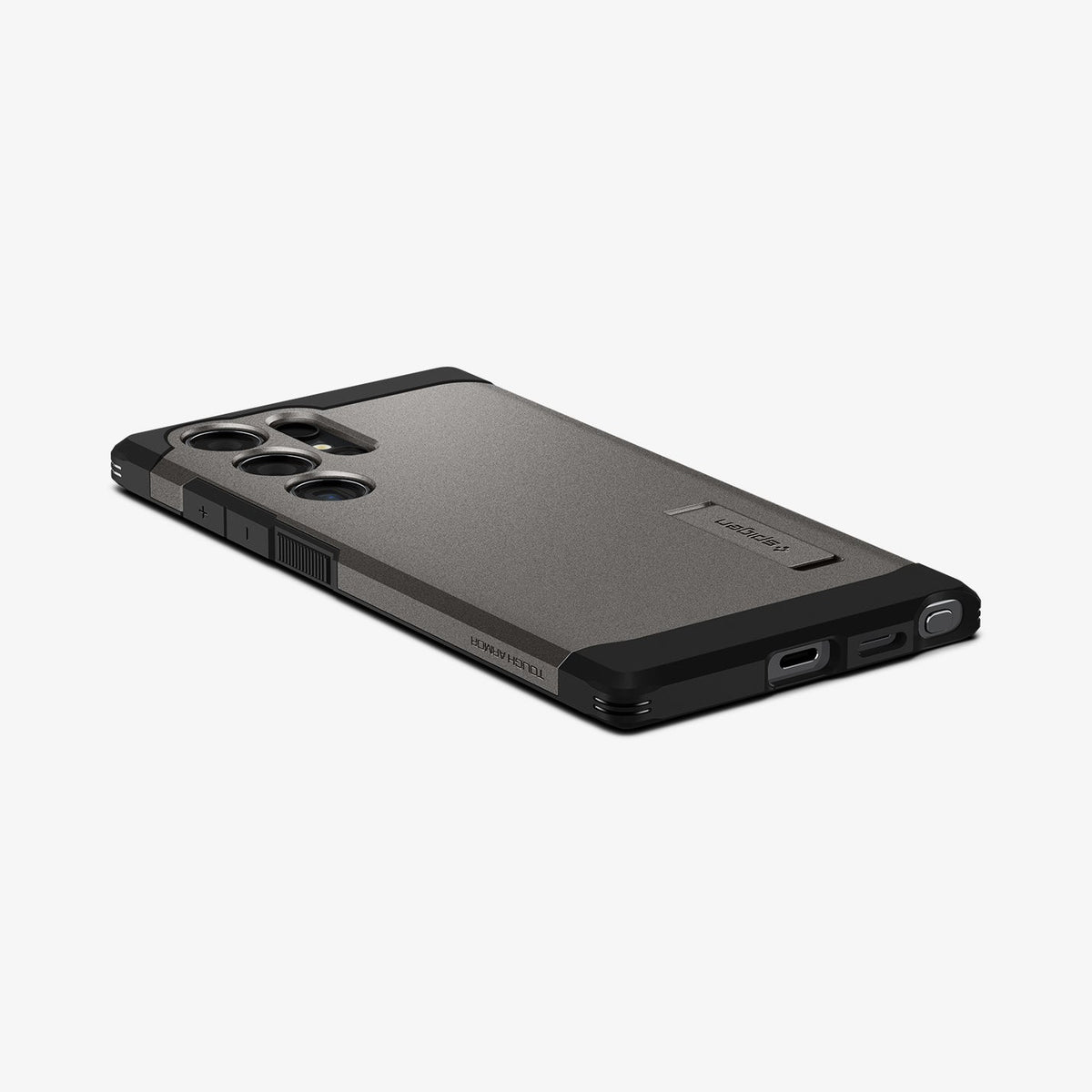 ACS07301 - Galaxy S24 Ultra Case Tough Armor in Gunmetal showing the back, partial side and bottom on a flat surface