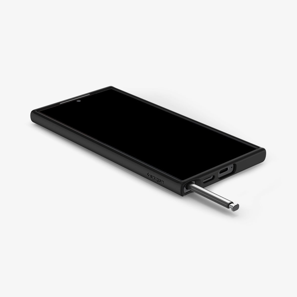 ACS07295 - Galaxy S24 Ultra Case Ultra Hybrid in Matte Black showing the front of device, on a flat surface with stylus pen sticking out