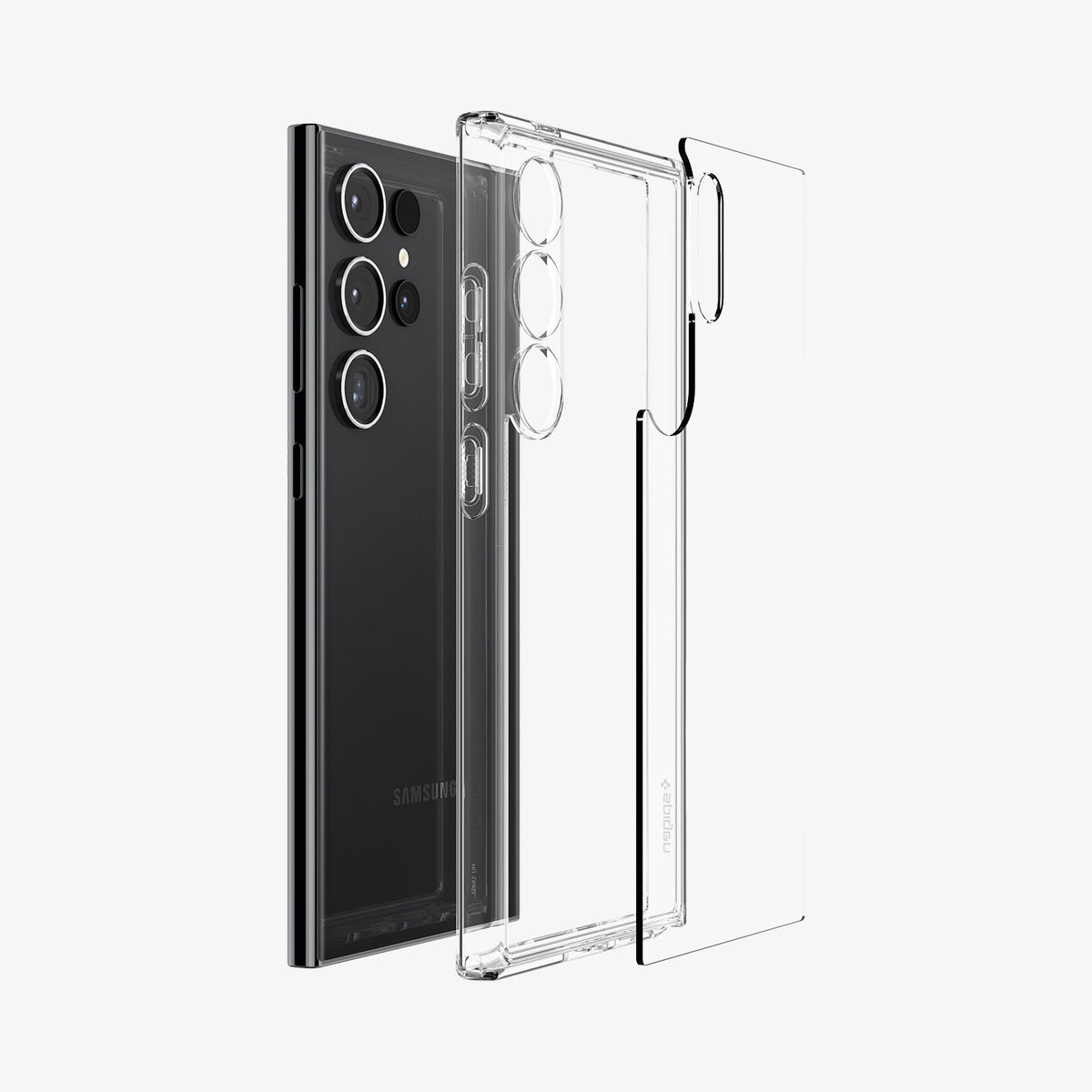 ACS07292 - Galaxy S24 Ultra Case Ultra Hybrid in Crystal Clear showing the transparent back of the case detached from the transparent frame paralleled with the device
