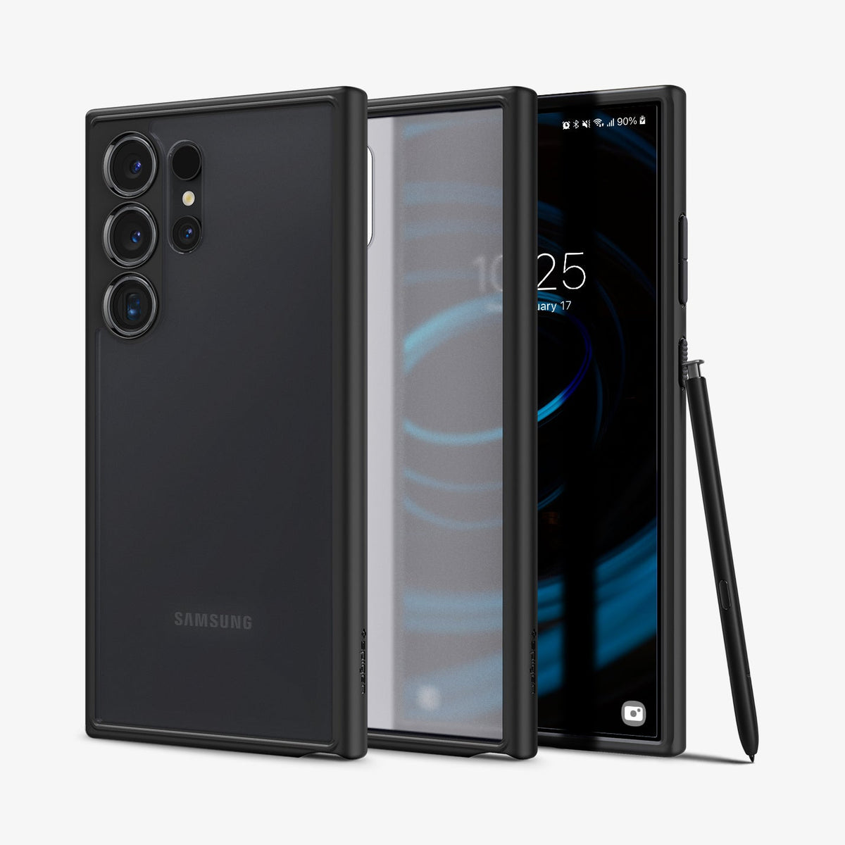 ACS07296 - Galaxy S24 Ultra Case Ultra Hybrid in Frost Black showing the back paralleled to a semi clear back with a darker frame case in the middle and a device facing front with stylus pen leaning on the side of a device