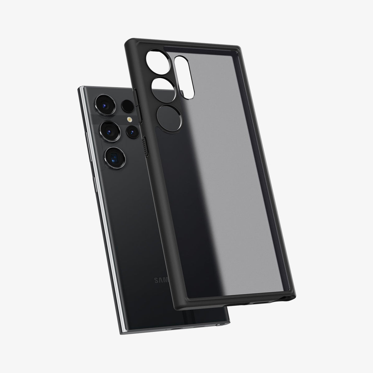 ACS07296 - Galaxy S24 Ultra Case Ultra Hybrid in Frost Black showing the back of semi transparent back case with darker frame hovering above the device