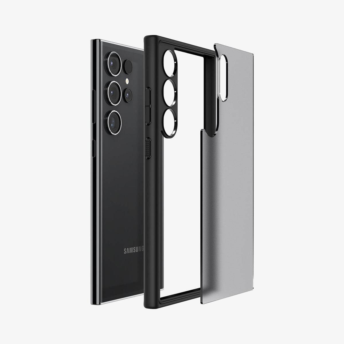 ACS07296 - Galaxy S24 Ultra Case Ultra Hybrid in Frost Black showing the semi transparent back of the case detached from the darker frame paralleled with the device