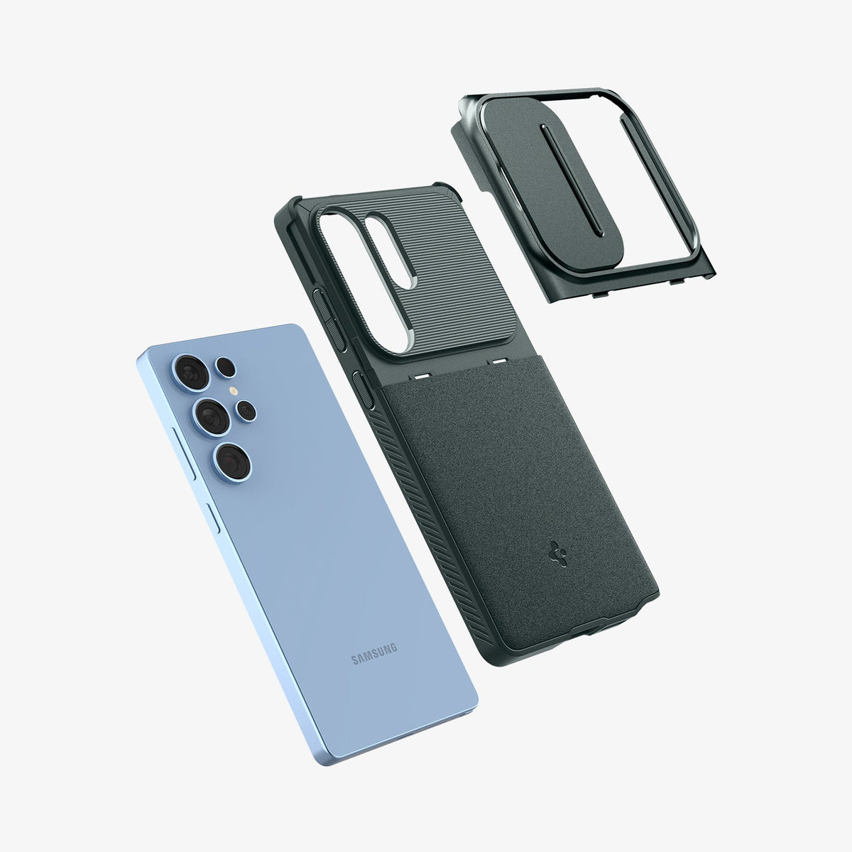 ACS08970 - Galaxy S25 Ultra Case Optik Armor in Abyss Green showing the detached camera slider hovering above the back case and the device