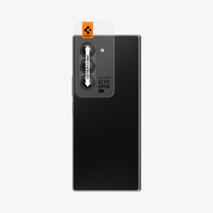 AGL07970 - Galaxy Z Fold 6 Optik Pro EZ Fit Lens Protector in Black showing the front of the installation tray with the lens screen protector attached to the camera lens at the back of the device