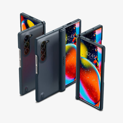 ACS08286 - Galaxy Z Fold 6 Case Slim Armor Pro in Metal Slate showing the front, partial front, back, partial back and hinge of 3 devices aligned with each other