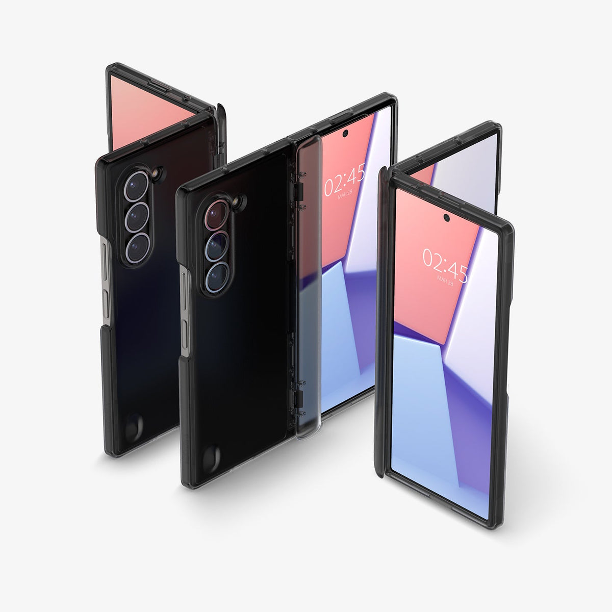 ACS07814 - Galaxy Z Fold 6 Case Ultra Hybrid Pro in Frost Gray showing the front, partial front, back, partial back and hinge of 3 devices aligned with each other