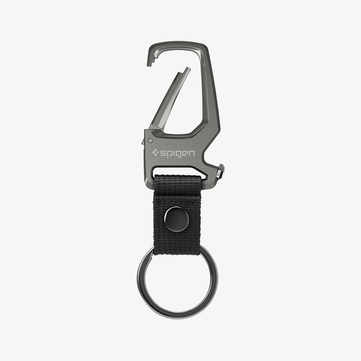 AHP01869 - Carabiner + Keyring in gunmetal showing the front with carabiner slightly open