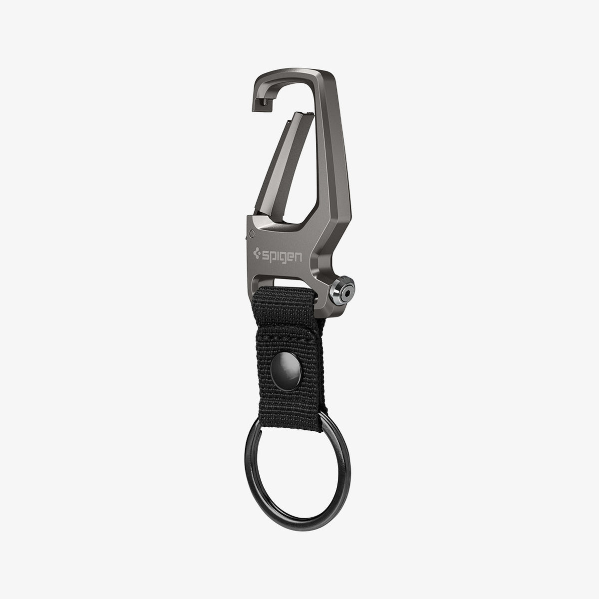 AHP04505 - Carabiner + Keyring in gunmetal showing the front and side with carabiner open