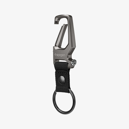 AHP04505 - Carabiner + Keyring in gunmetal showing the front and side with carabiner open