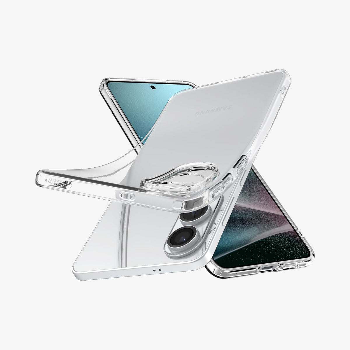 ACS09425 - Galaxy S25 Edge Case Liquid Crystal in Crystal Clear showing the back, partial front top and sides top part partially lifted from the device and another device showing partial front