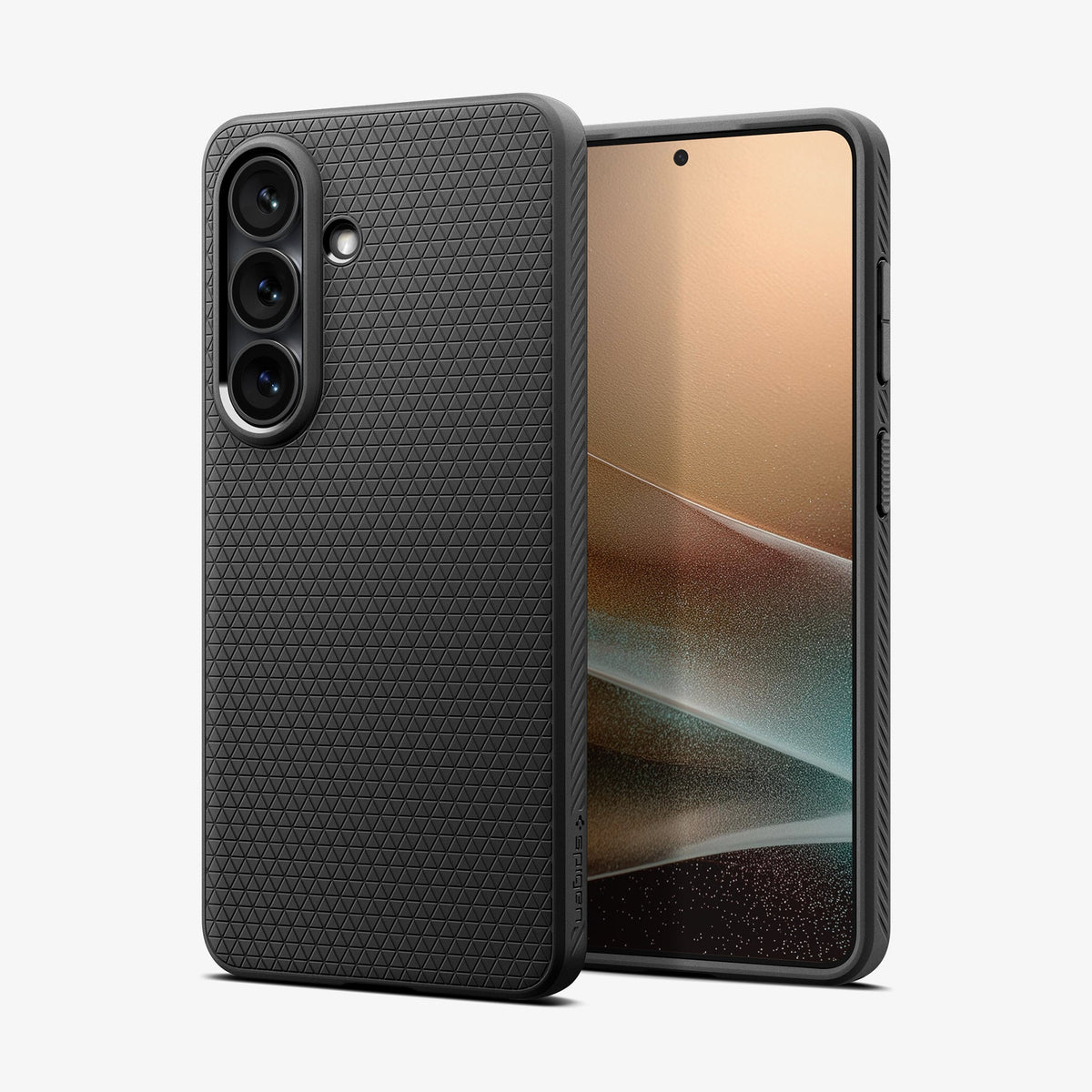 ACS11054 - Galaxy S26 Liquid Air in Matte Black showing the back with the device, partial back case only, partial front and sides