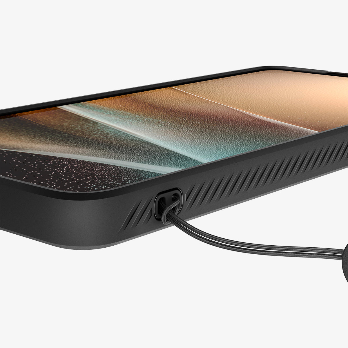 ACS11023 - Galaxy S26 Ultra Liquid Air in Matte Black showing the side with lanyard