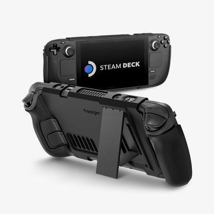 ACS06040 - Steam Deck Case Thin Fit Pro in black showing the back and front with device propped up by built in kickstand and screen on