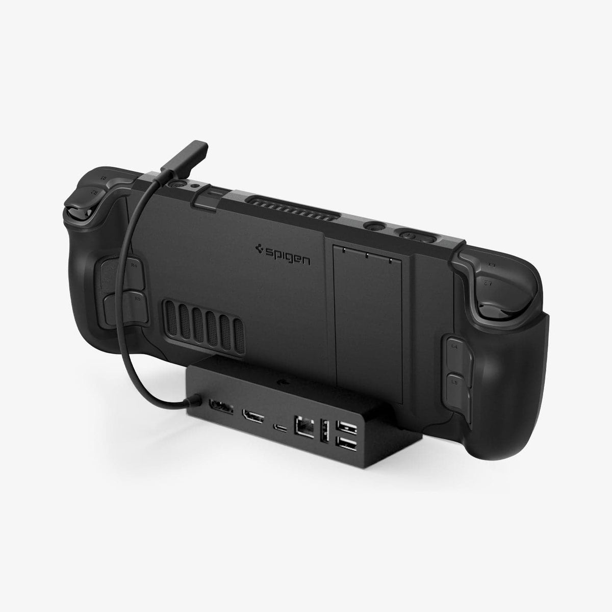 ACS06040 - Steam Deck Case Thin Fit Pro in black showing the back with device on mount and charging cable hovering above port