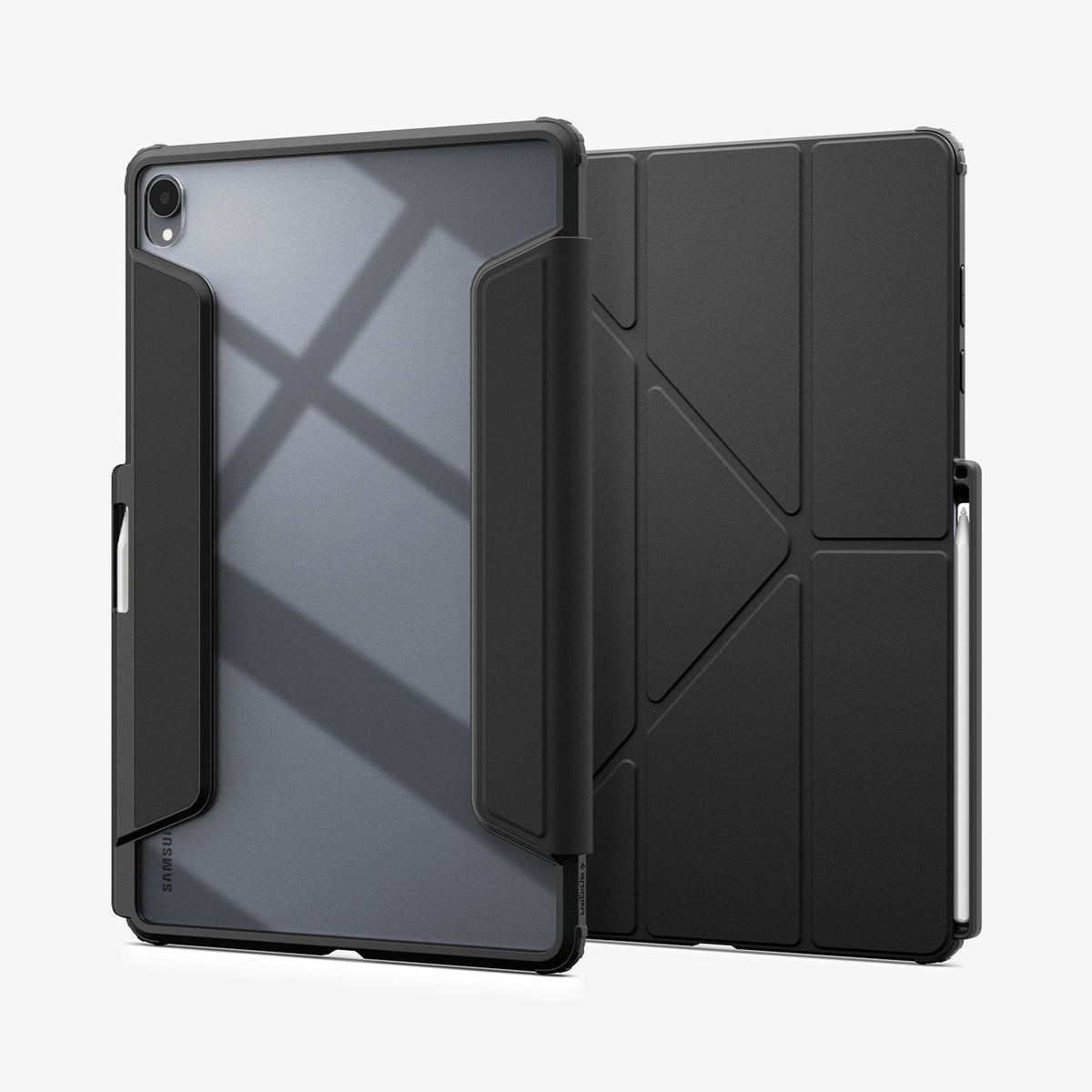 ACS11823 - Galaxy Tab S12+ Air Skin Pro in Black showing front and back views of a folio tablet case with a transparent back panel, geometric folding cover, and stylus storage.