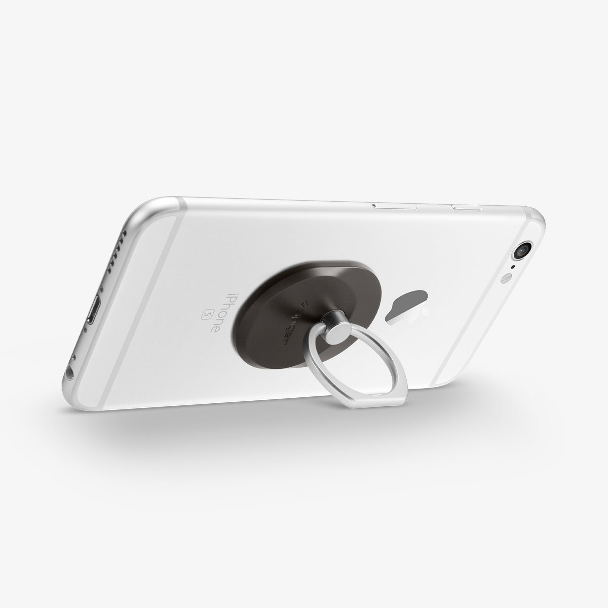 000EP20243 - Style Ring in space gray showing the phone propped up by ring attached to back of device