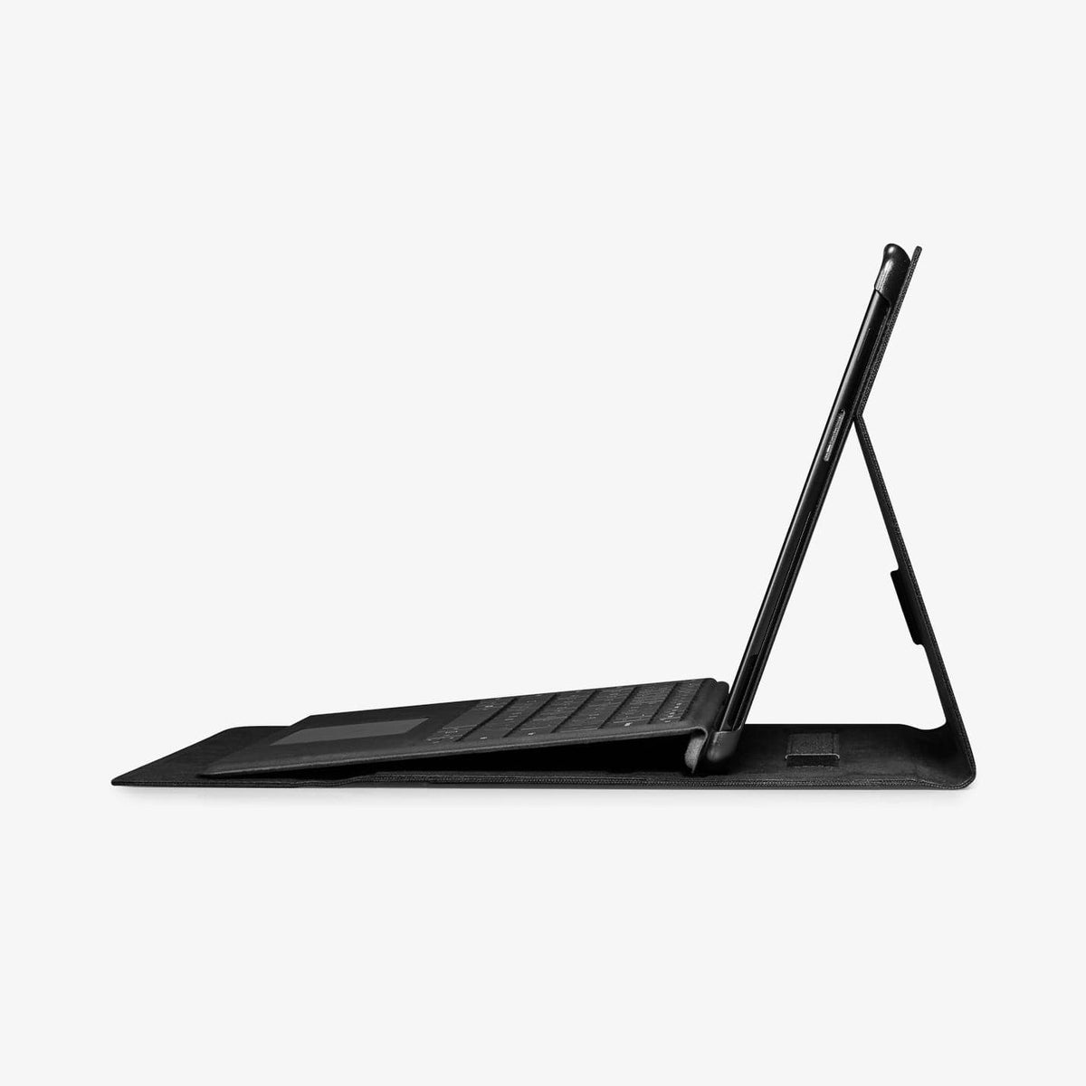 ACS01002 - Microsoft Surface Pro X Case Stand Folio in black showing the side with device propped up by built in stand