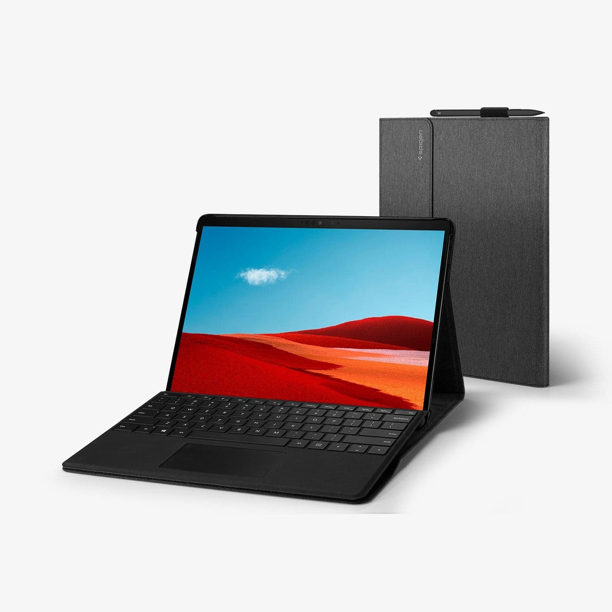 ACS01003 - Microsoft Surface Pro X Case Stand Folio in charcoal showing the front and device propped up by built in stand