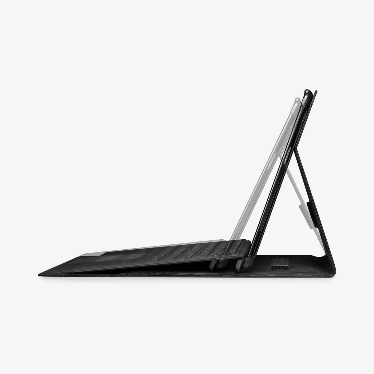 ACS01003 - Microsoft Surface Pro X Case Stand Folio in charcoal showing the side with device propped up by built in stand