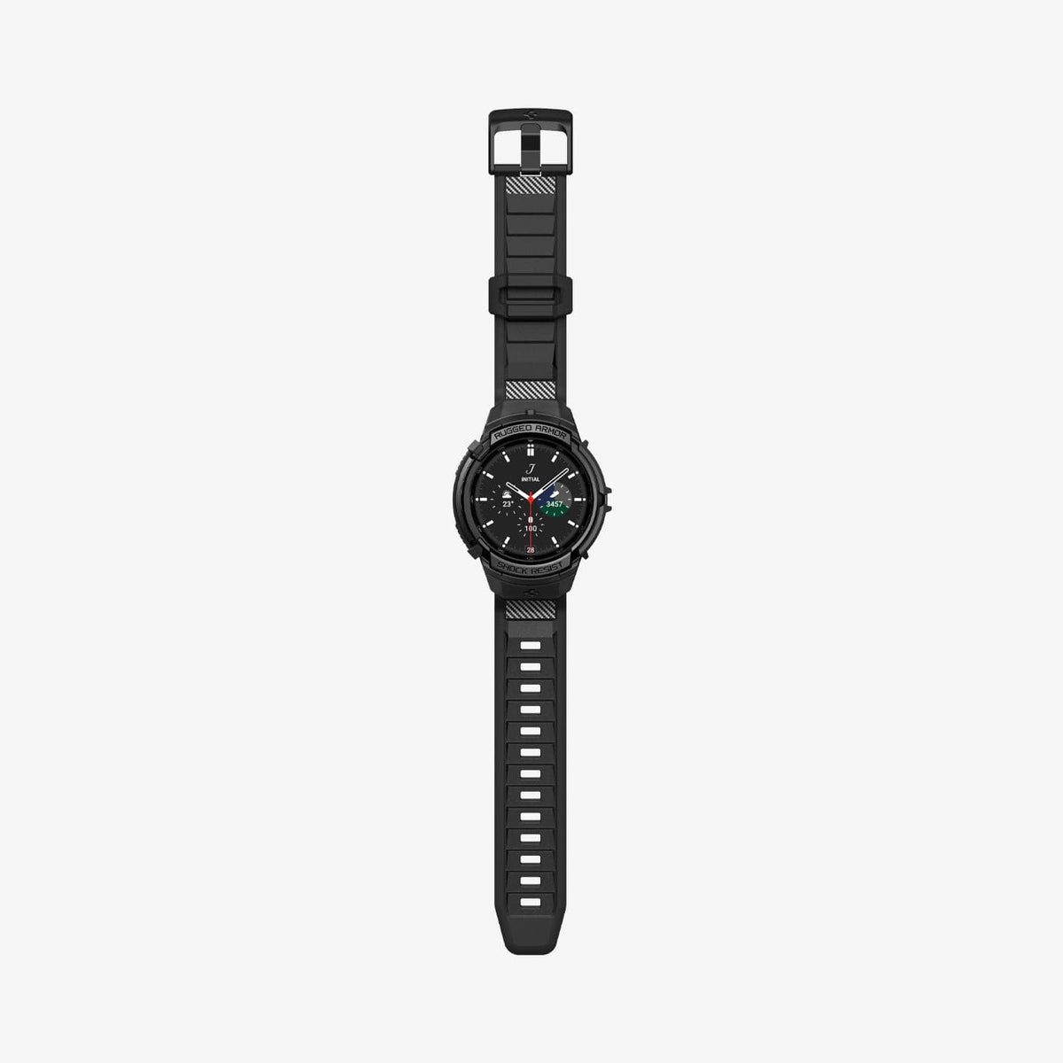 ACS06492 - Watch 6 Classic (43mm) Rugged Armor Pro in Black showing the front with watch band laid out flat