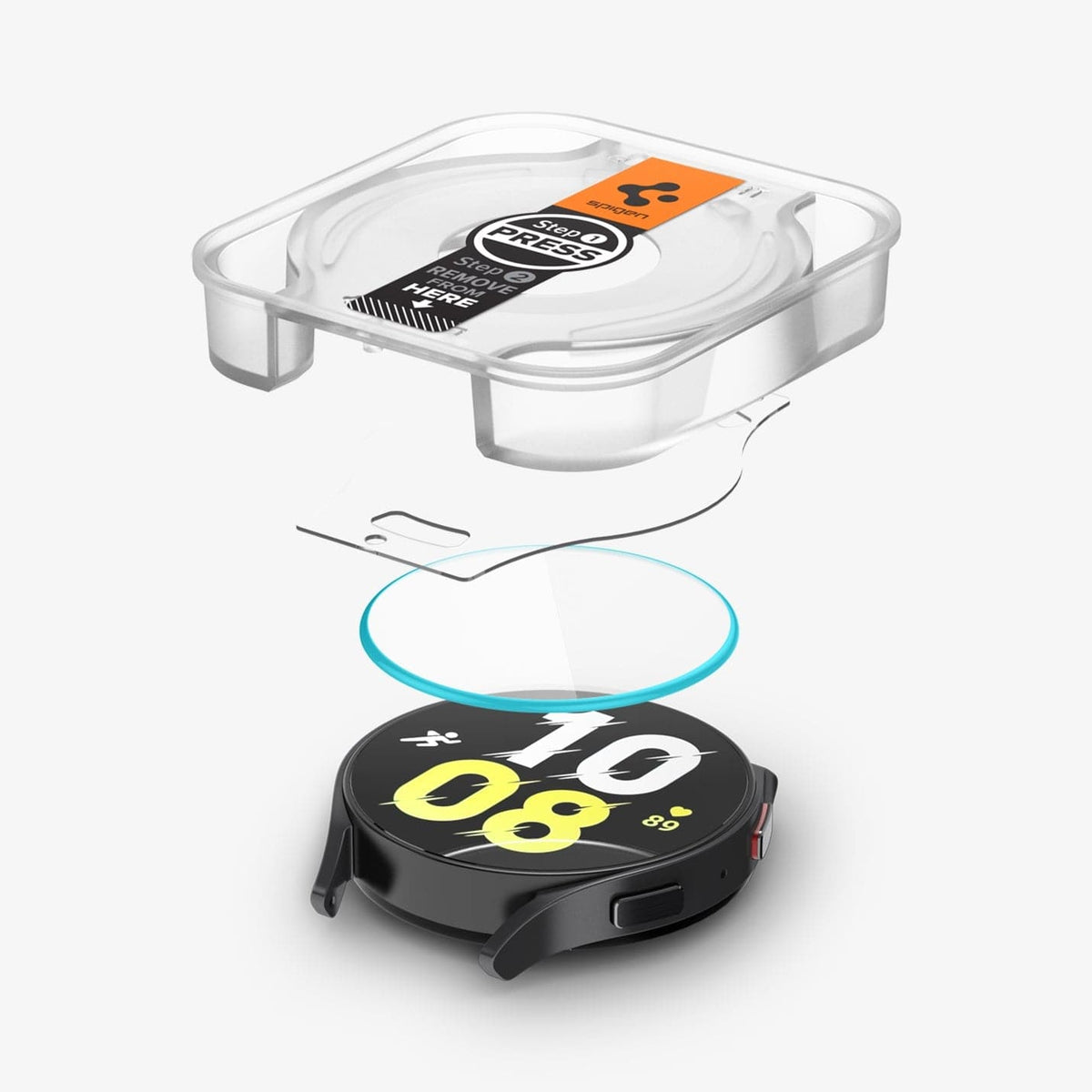 AGL07233 - Galaxy Watch 6 (44mm) Screen Protector EZ FIT GLAS.tR showing the ez fit tray and screen protector hovering above the watch face