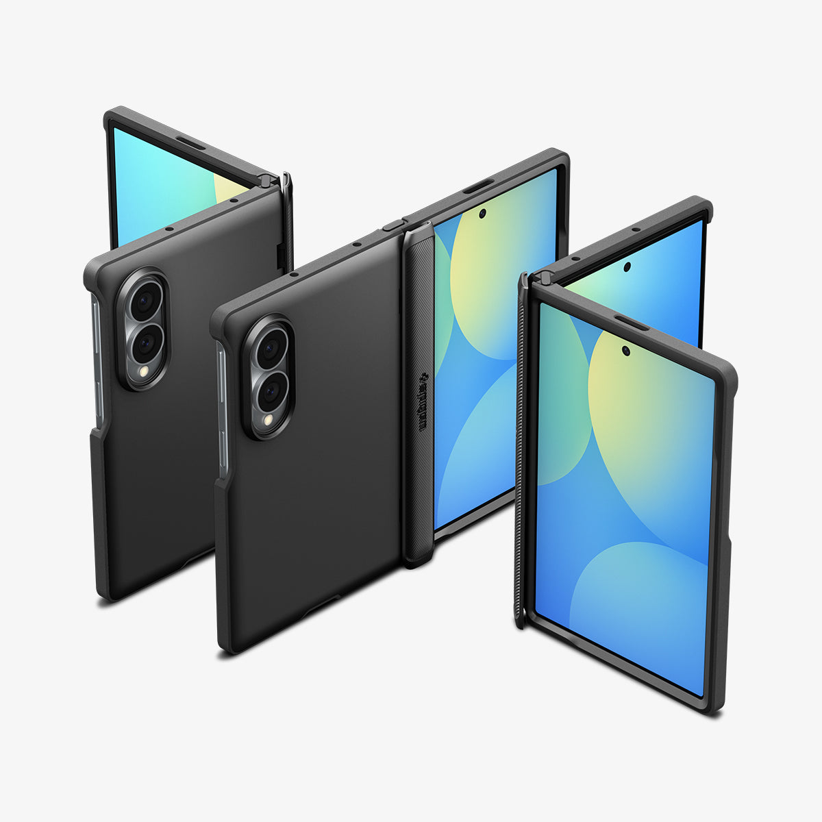 ACS11557 - Galaxy Z Fold 8 Slim Armor Pro (Mag Fit) Black showing the "Protection where It matters most" graphic, highlighting lens and screen protection edges, alongside a close-up of the dual camera cutout and the "Air Cushion Technology" corner impact diagram.