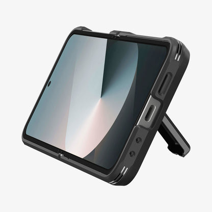 ACS09807 - Galaxy Z Flip 6 Series Tough Armor Pro (MagFit) in black showing the front and bottom with devices propped up by built in kickstand