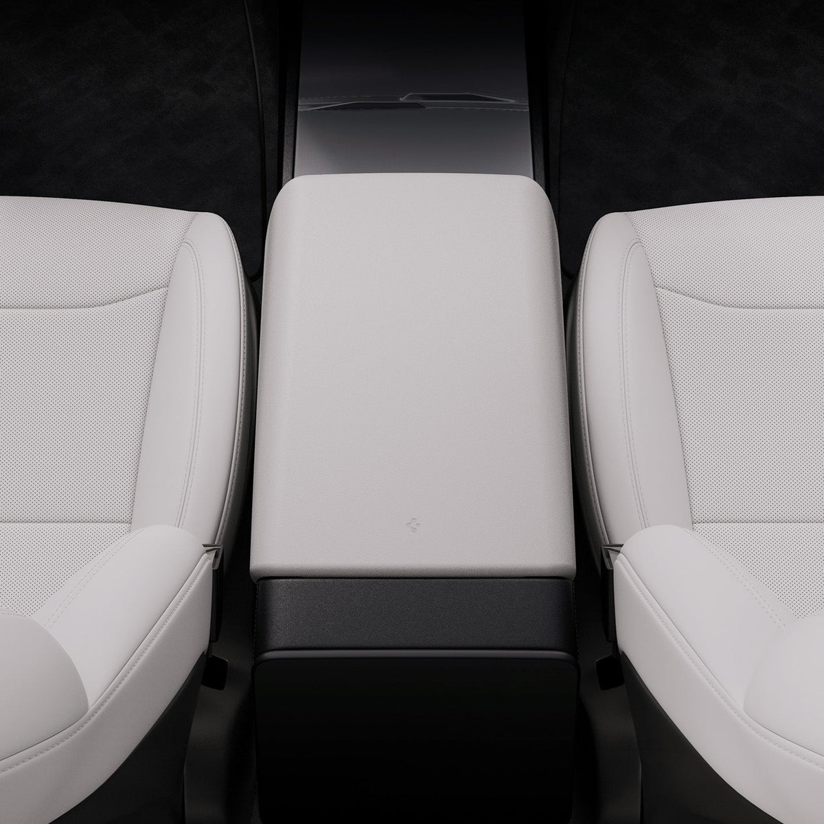 ACP12200 - Tesla Model Armrest Cover TO240H in Zen Gray showing the armrest cover installed between the two front seats from a top view.