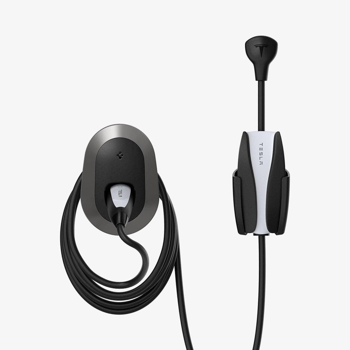 ACP04294 - Tesla Charging Wall Mount in dark silver showing the wall mount and cables organized beside wall plug