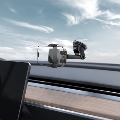 ACP08312 - Universal Dashboard Car Mount | TS35-1 showing car mount with phone in horizontal position on dashboard suction cup base with extended telescopic arm in car interior