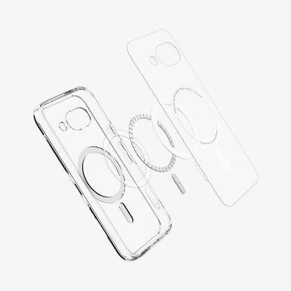 ACS09043 - Pixel 9a Case Ultra Hybrid Metal Ring (MagFit) in Clear White showing the inner layer hovering in front of the detached metal ring parts and the case