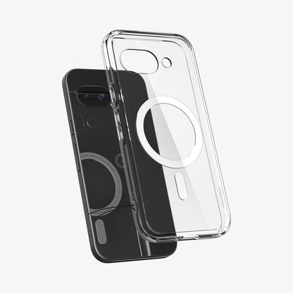ACS09043 - Pixel 9a Case Ultra Hybrid Metal Ring (MagFit) in Clear White showing the back, partial side and bottom hovering in front of the device