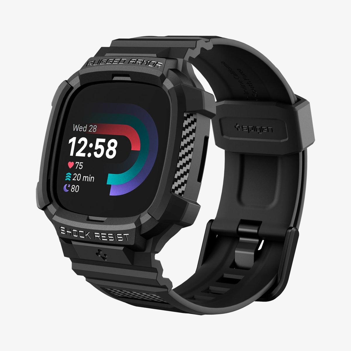 ACS05296 - Fitbit Versa 4 Band Rugged Armor Pro in black showing the front and partial inside of band