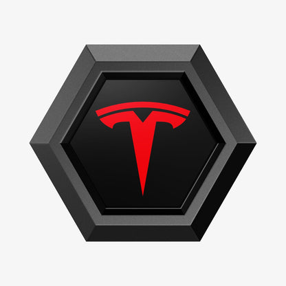 ACP11371 - Universal Tire Valve Stem Cap | VS100TS/R in Red showing a close-up of the black hexagonal cap top with glossy inlay and bold red Tesla logo.