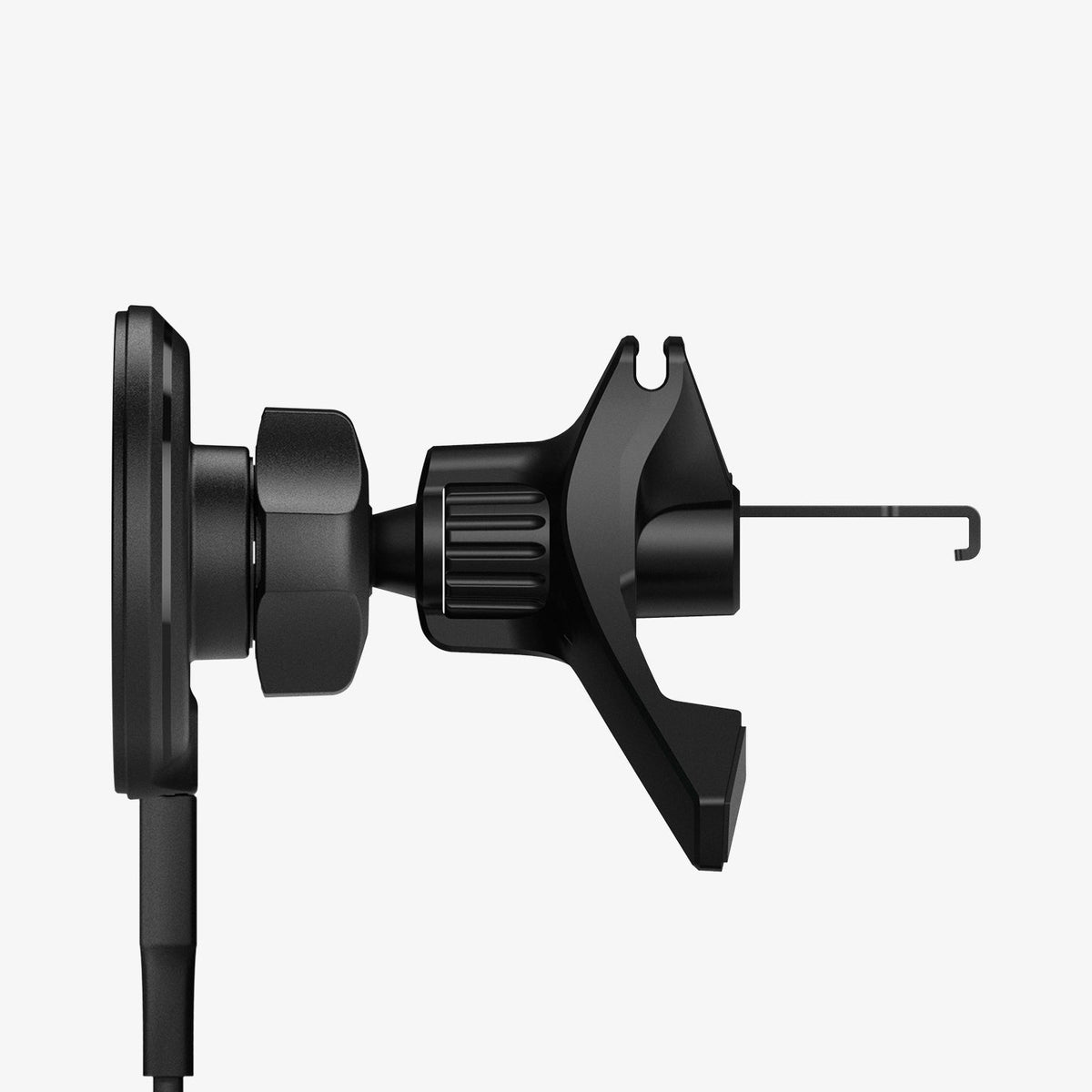 ACP10513 - Spigen Essential Qi2 Wireless Car Charger side profile showing ball joint hinge and air vent hook