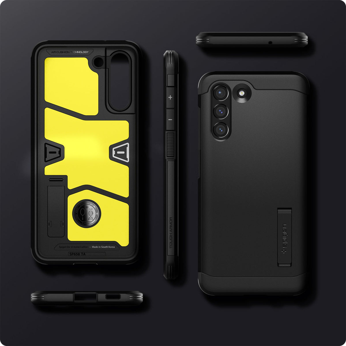 ACS03059 - Galaxy S21 FE Tough Armor Case in black showing back and front of phone case.