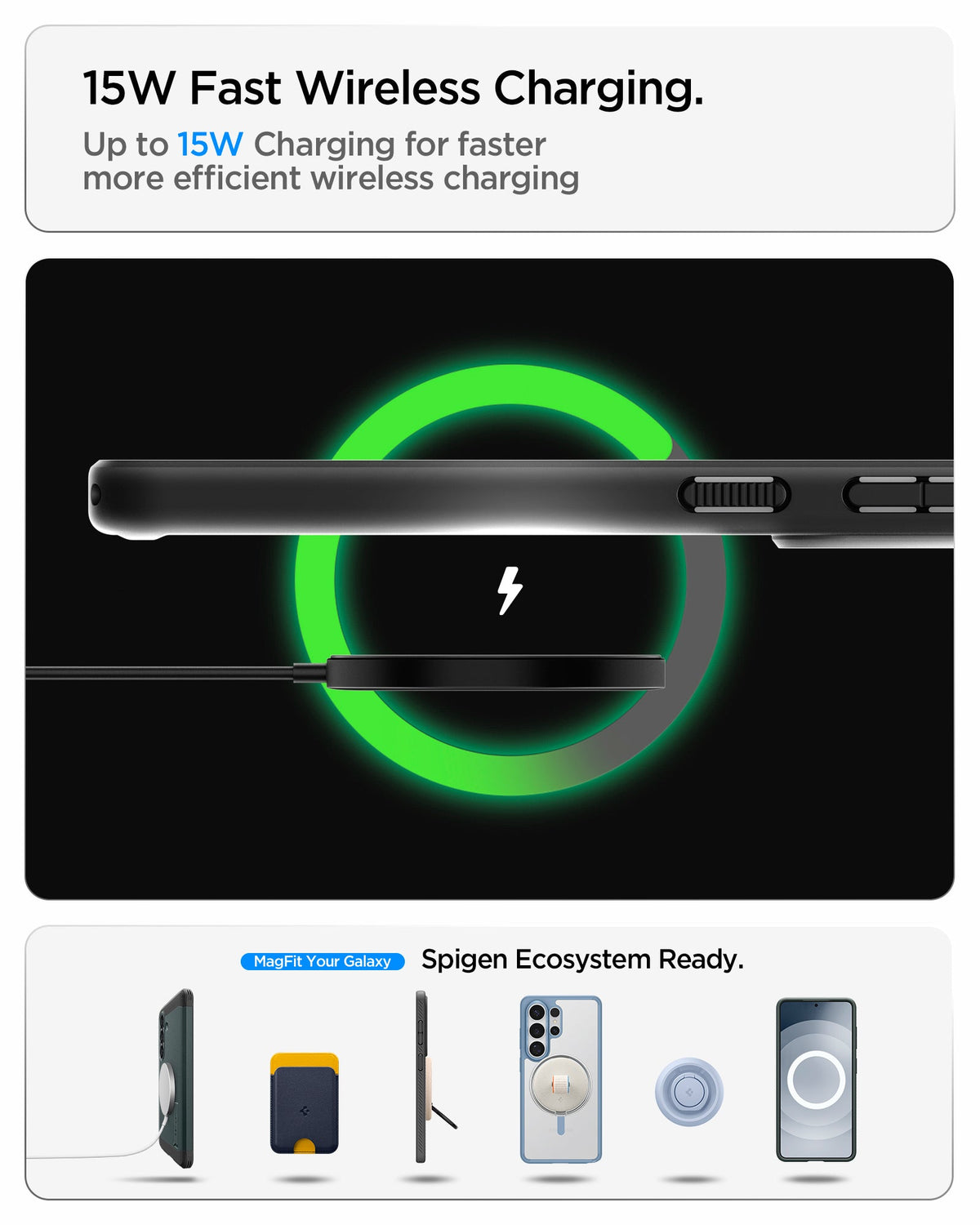 ACS11067 - Showing the 15W fast wireless charging. Up to 15W charging for faster more efficient wireless charging.