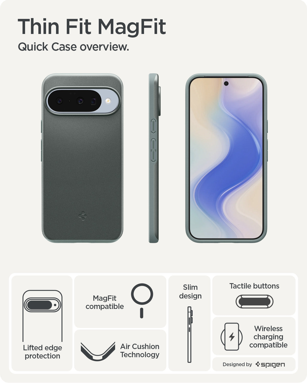 ACS09701 - Pixel 10, Pixel 10 Pro Thin Fit (MagFit) in Sage Green showing the quick case overview. Lifted edge protection, MagFit compatible, Aircushion technology, slim design, tactile buttons and wireless charging compatible