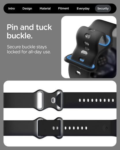 AMP09486 - Pixel Watch 5 (41mm) Nano Pop Black Sesame showing the pin and tuck buckle. Secure buckle stays locked for all day use